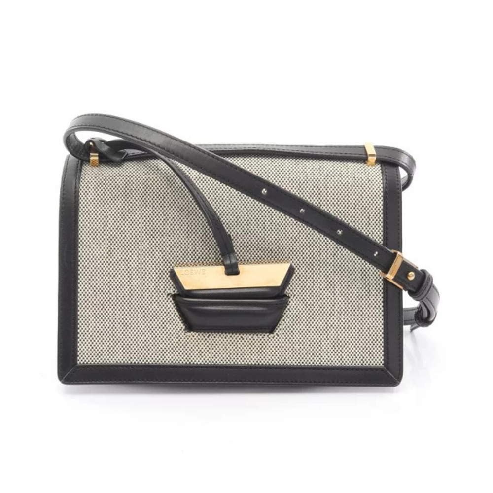 Loewe Barcelona Shoulder Bag Canvas Leather Black Ivory White